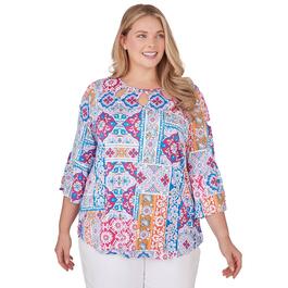 Plus Size Ruby Rd. Bright Blooms 3/4 Sleeve Knit Eclectic Top