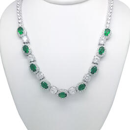 Silver Plated Lab Emerald Oval Cubic Zirconia Necklace