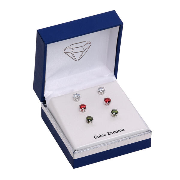 Silver-Tone Set of 3 Cubic Zirconia Stud Earrings - image 