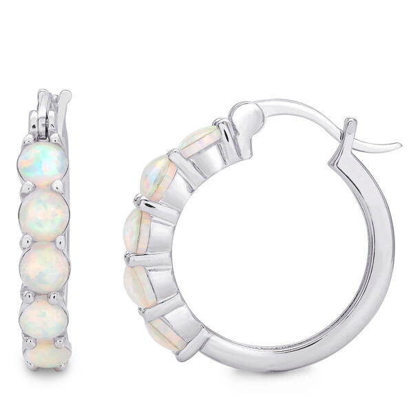 Sterling Silver Created White Opal Hoop Earrings - image 