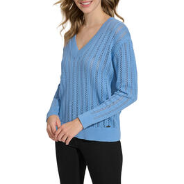 Womens Calvin Klein Long Sleeve V-Neck Open Stitch Stripe Sweater