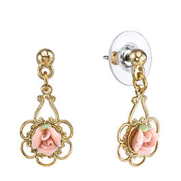 1928 Gold-Tone Pink Porcelain Rose Drop Earrings