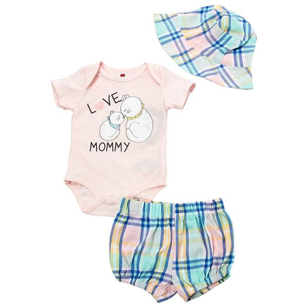 Baby Girl (NB-9M) Mini Hop 3pc. Love Mommy Shorts Set w/ Hat - image 