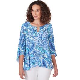Petite Ruby Rd. Bali Blue Knit Turkish Paisley 3/4 Sleeve Top