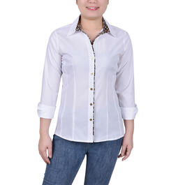 Womens NY Collection Roll Sleeve Button Down Top-White/Brown