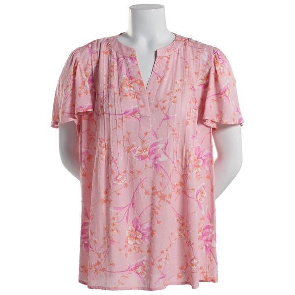 Womens Napa Valley Flutter Sleeve Floral Clip Dot Pleat Henley - image 