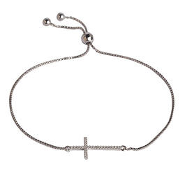 Sterling Silver Diamond Simulant Cross Adjustable Bracelet