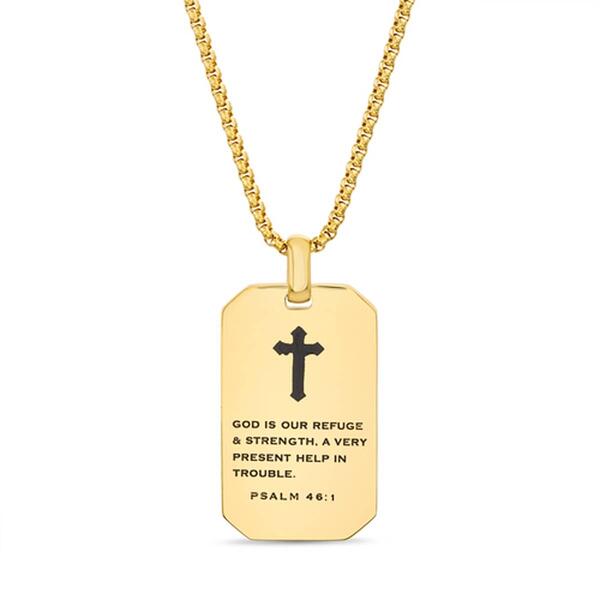 Mens Creed Stainless Steel & Black Enamel Cross/Psalm Necklace - image 