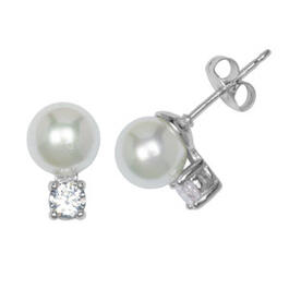 Sterling Silver CZ & Glass Pearl Stud Earrings