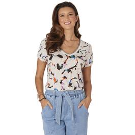 Womet Short Sleeve V-Neck Printed Pocket Tee w/Embroidered