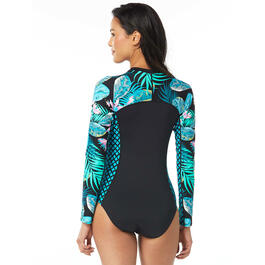 Womens Beach House Sculpted Floral One Piece Long Sleeve Swimsuit