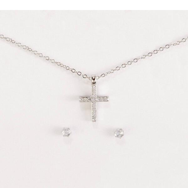 Cubic Zirconia Cross Pendant Necklace & Earrings Set - image 