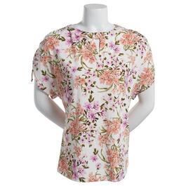 Womens Cure Ruched Sleeve Knit Crepe Floral Split Neck Top