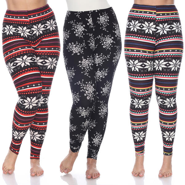 Plus Size White Mark Pack Of 3 Floral And Snowflake Leggings - image 