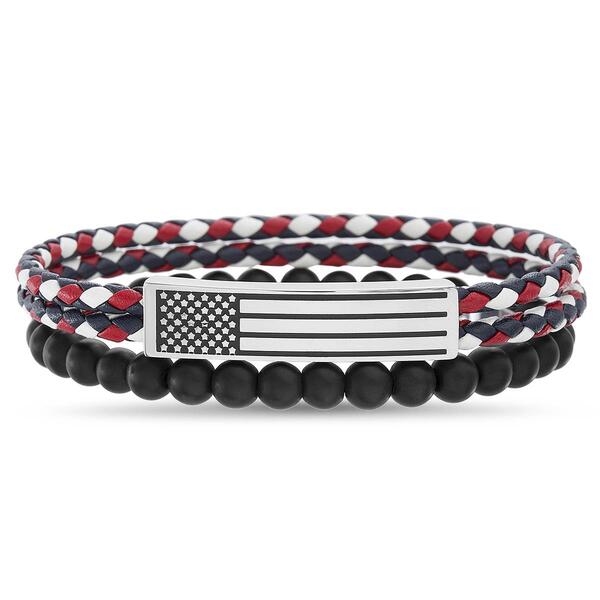 Mens Creed Two-Tone American Flag ID Braided & Bead Bracelet Set - image 