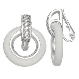 Napier Silver-Tone & White Leather Doorknocker Clip Earrings