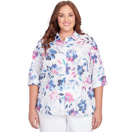 Plus Size Alfred Dunner 3/4 Sleeve Floral Burnout Woven Shirt