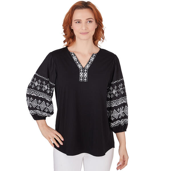 Womens Ruby Rd. Pattern Play Knit & Embroidered Solid Top - image 