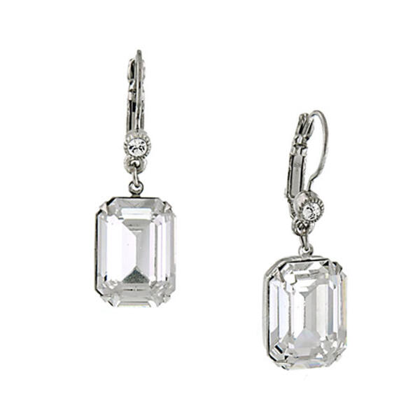 1928 Silver-Tone Square Crystal Drop Earrings - image 