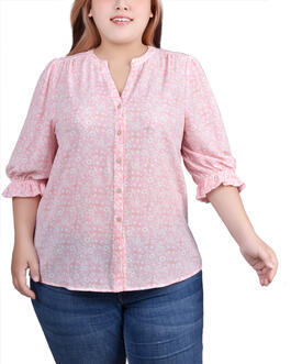 Plus Size NY Collection 3/4 Ruffle Sleeve Casual Button Down
