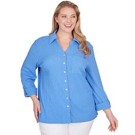 Plus Size Ruby Rd. Bali Blue Knit Button Front Pucker Top