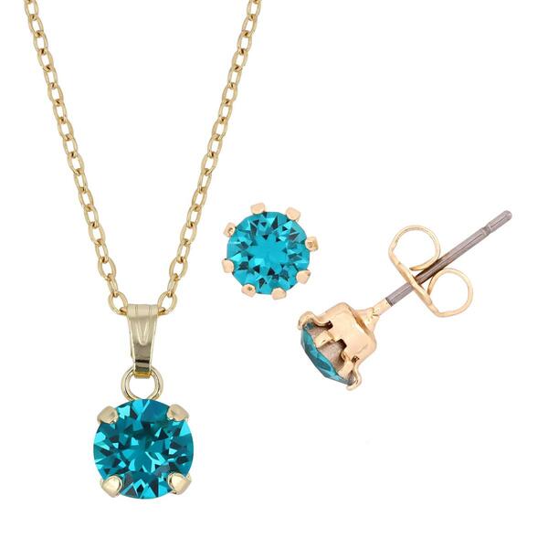 Gold Plated Blue Zircon Pendant Necklace & Stud Earring Set - image 
