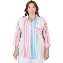 Plus Size Ruby Rd. Patio Party 3/4 Sleeve Stripe Button Front Tee