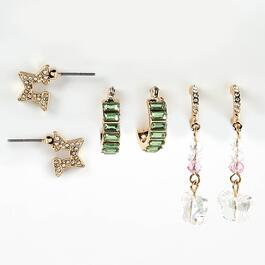 Ashley 3pr. Star/Hoop/Baguette/Huggie/Butterfly Pave Earrings Set