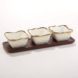 Home Essentials White & Gold Edge Bowls on Wood Board - Set of 3