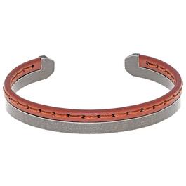 Mens Lynx Stainless Steel Stitched Leather Cuff Bangle Bracelet