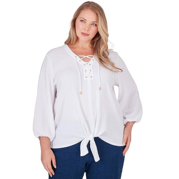 Plus Size Ruby Rd. By The Sea Solid 3/4 Sleeve V-Neck Tee - image 