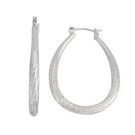 Rhodium Plated Diamond Cut Tapered Oval Hoop Earrings