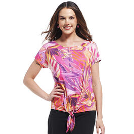 Womens OneWorld Short Sleeve Tropical Tie Front Tee