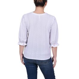 Womens NY Collection 3/4 Sleeve Eyelet Tie Front Button Down Top