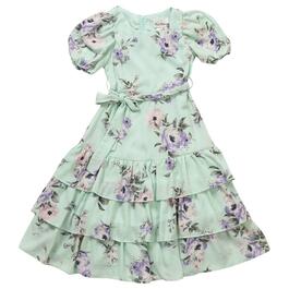 Girls &#40;7-16&#41; Rare Editions Floral Dobby Puff Dress w/ Tier Skirt