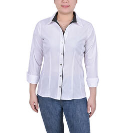 Womens NY Collection Roll Sleeve Button Down Top-White/Black
