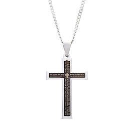 Mens Two-Tone Lords Prayer Cross Pendant Bead Chain Necklace