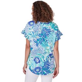 Womens Ruby Rd. Bali Blue 3/4 Sleeve Knit Tropical Blouse