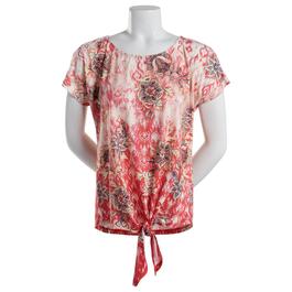 Womens OneWorld Cap Sleeve Print Tie Front Tee-Bright Coral