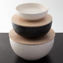 Thirstysone Set of 3 Ceramic Bowls w/ 2 Wood Lids