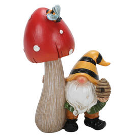 Resin Gnome Holding a Bee Hive & Leaning on a Mushroom