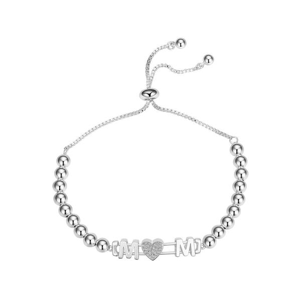 Shine Fine Silver Plated CZ Heart Mom Beaded Bolo Bracelet - image 