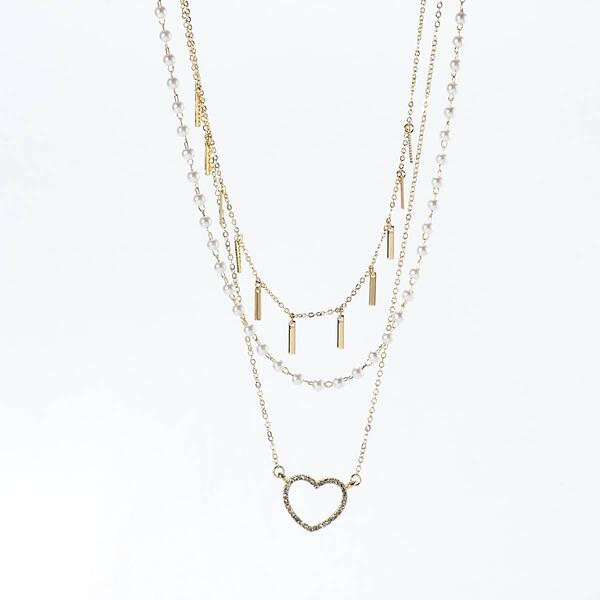 Ashley Gold-Tone 3 Row Pearl Heart Layered Necklace - image 