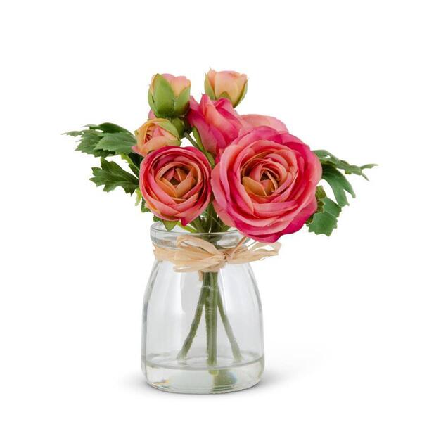 K&K Interiors 6.75in. Pink Ranunculus Bouquet in Glass Vase - image 