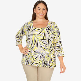 Plus Size Hearts of Palm 3/4 Sleeve Square Neck Breezy Leaf Top