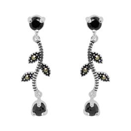 Marsala Marcasite & Black Cubic Zirconia Flower Drop Earrings