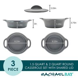 Rachael Ray 3pc. Ceramic Casserole Bakers w/Shared Lid Set-Grey
