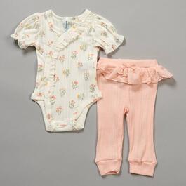 Baby Girl &#40;3-9M&#41; Charlotte & Star Floral Rib Bodysuit & Pants Set
