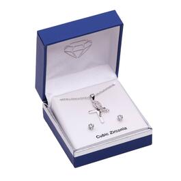 Silver-Tone Cubic Zirconia Ribbon Cross Necklace & Earring Set