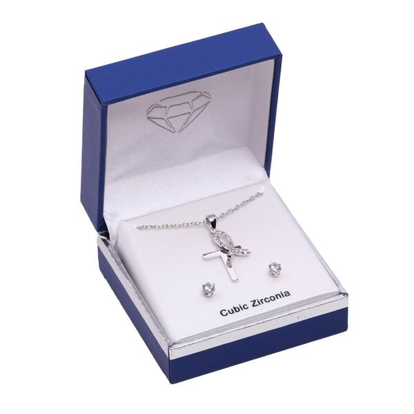 Silver-Tone Cubic Zirconia Ribbon Cross Necklace & Earring Set - image 